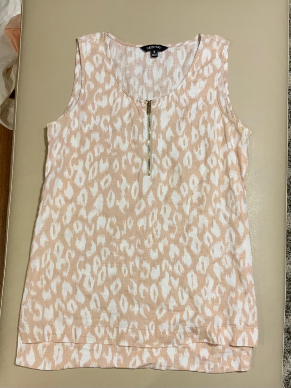 Ellen Tracy Peach and White Animal Print Zip-Front Tank